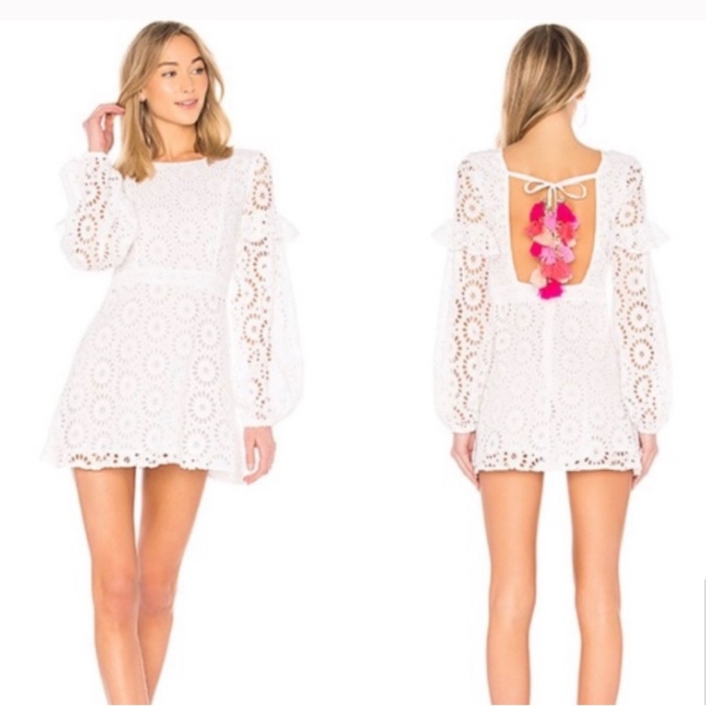 Sundress White Eyelet Tassel Mini Long Sleeve Dress